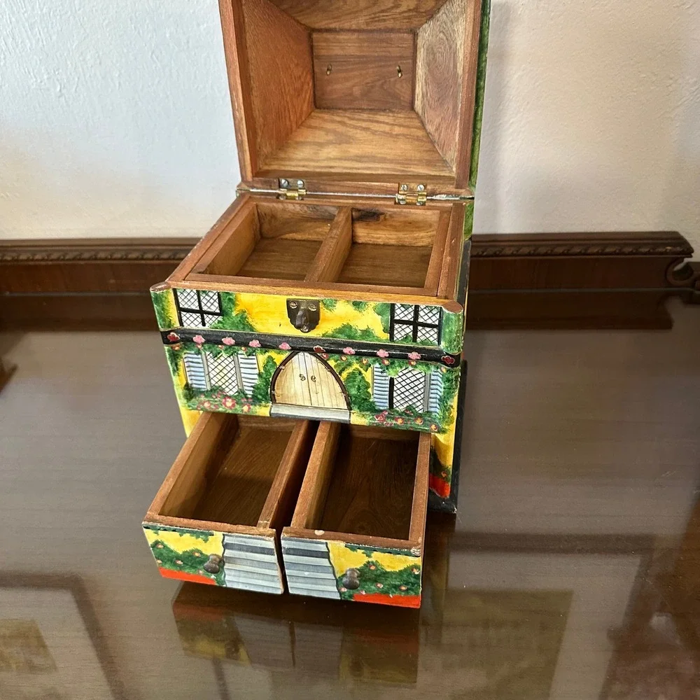 Vtg Foreside Hand Painted Wood Cottage Jewelry Box House 2 Drawer India